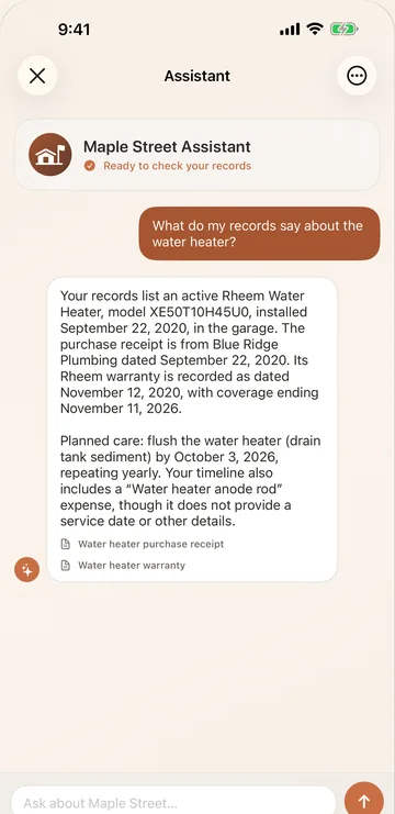 The assistant answering a question about the water heater, citing the receipt and warranty