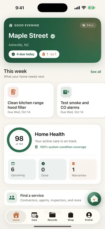 homwarden Home screen with this week's jobs and a Home Health score of 98