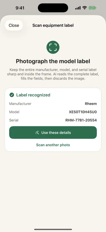 Label scan that has read a Rheem water heater's manufacturer, model and serial number