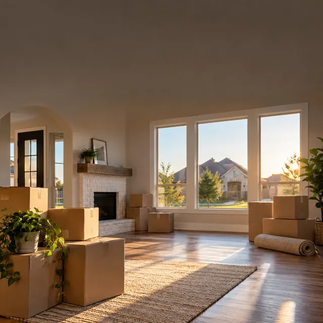A living room with light beige walls, moving boxes, a fireplace and tall windows