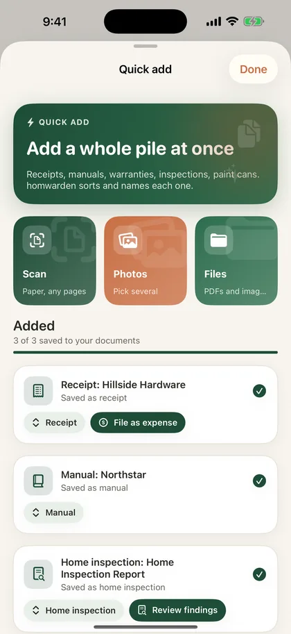 Quick add showing a receipt, a manual and a home inspection report saved and named