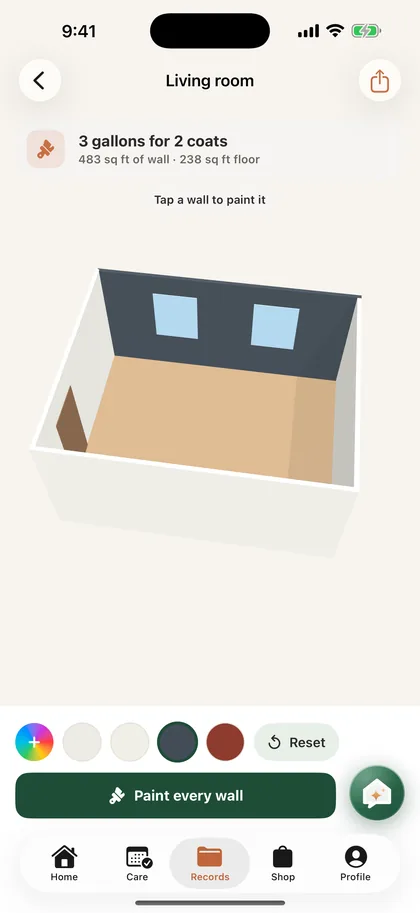 A measured living room in 3D, with the paint estimate of 3 gallons for 2 coats