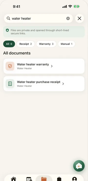 Document search for water heater showing its warranty and purchase receipt